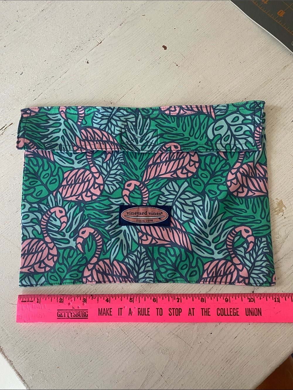 Vineyard Vines Pink Flamingo & Teal Leaf Print Pouch